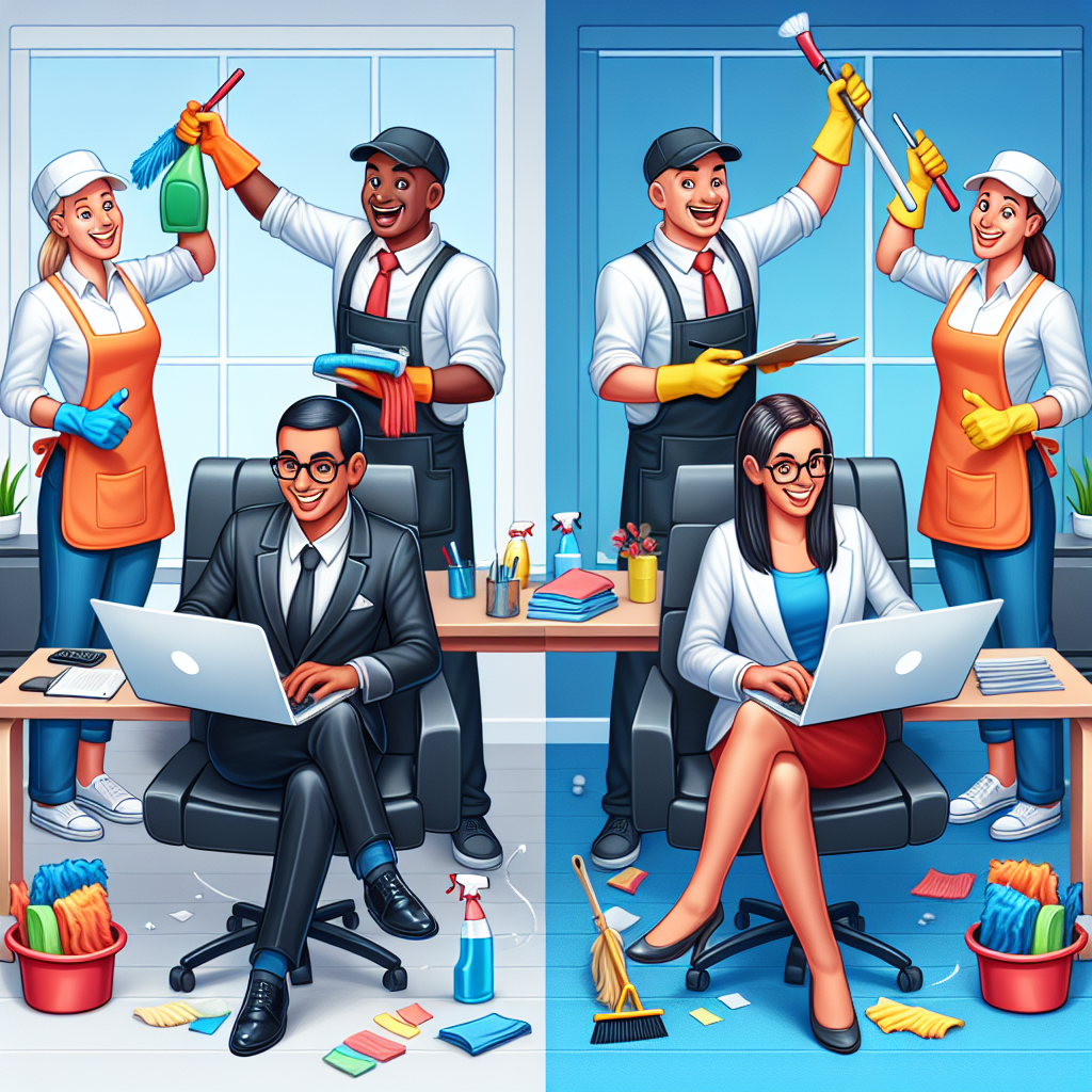 A busy professional receiving same day cleaning service at home, showcasing before and after results with happy cleaners