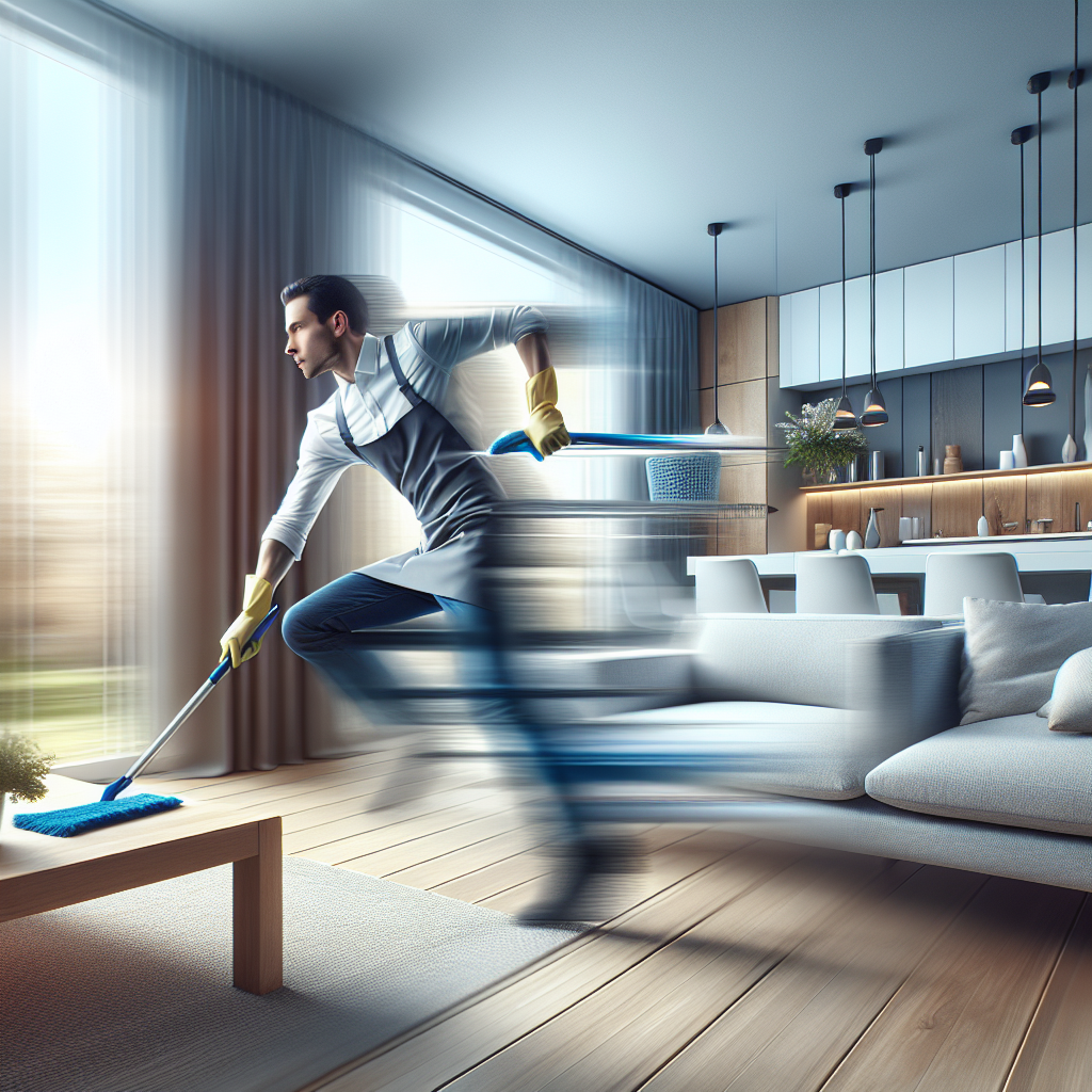 A professional cleaner quickly tidying up a living room with modern decor, showcasing efficiency and speed