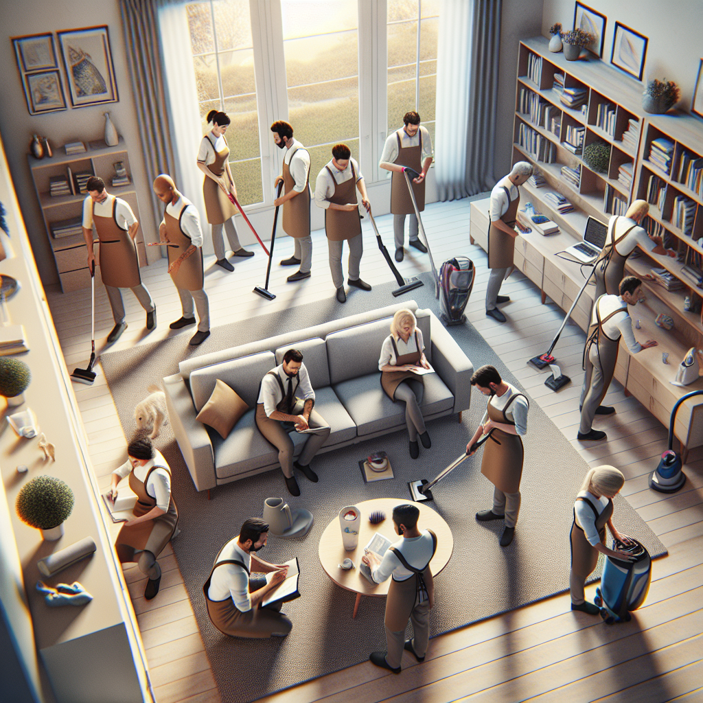 A team of professional cleaners methodically organizing a living room during a scheduled service visit