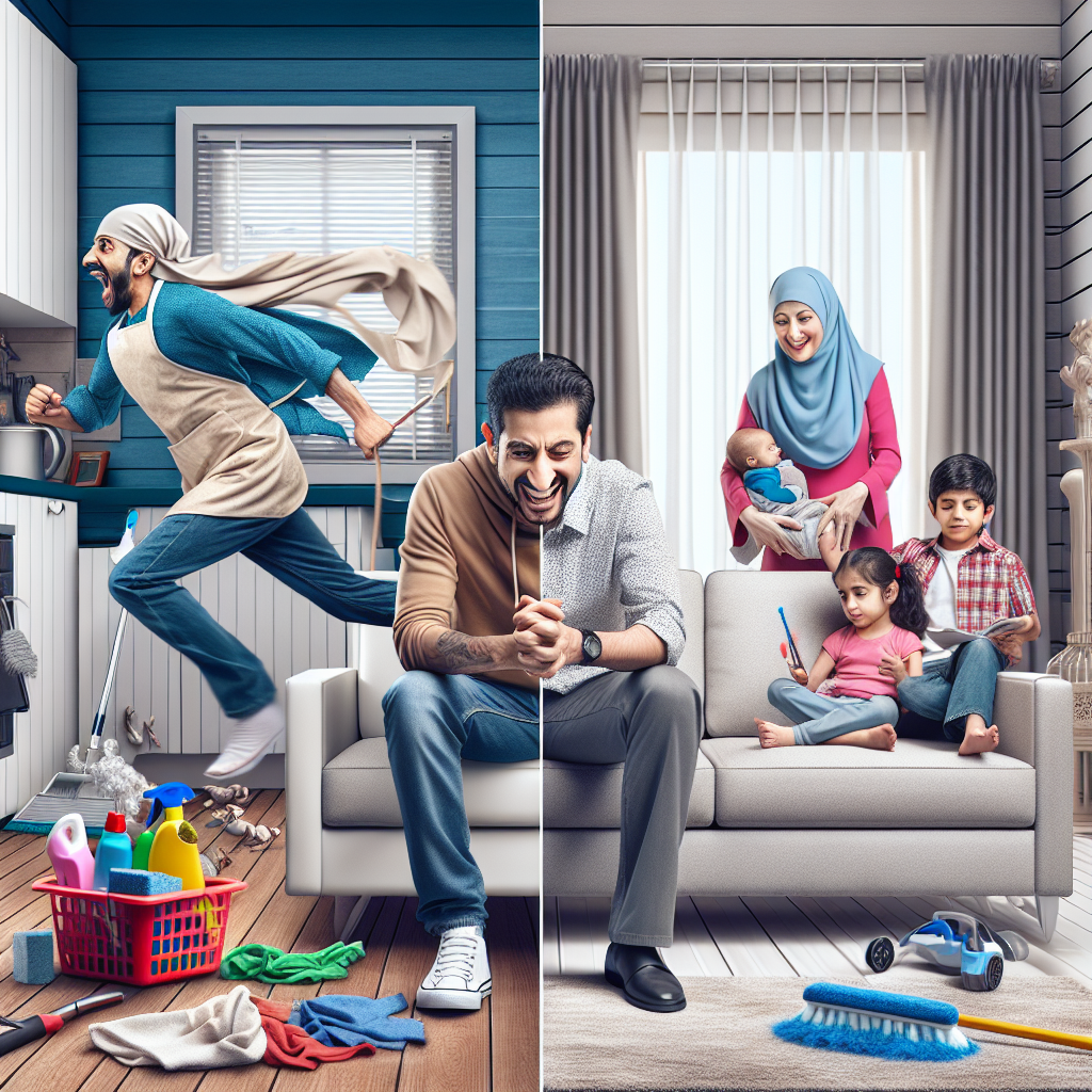 A split image showing one side with a frantic homeowner preparing for guests using same day cleaning services, and the other side depicting a calm family enjoying their regularly scheduled cleanings