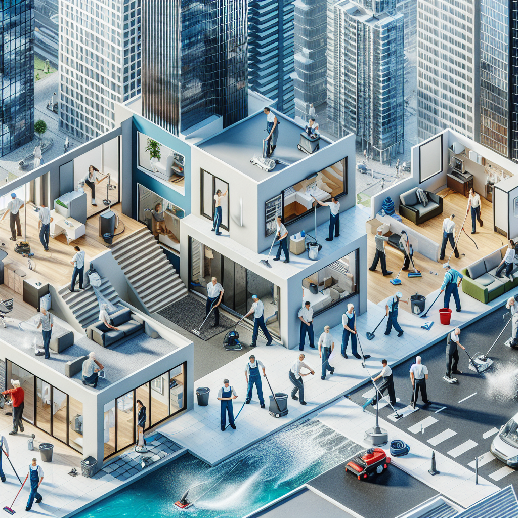 A busy urban scene in Montreal with people using same day cleaning services, showcasing cleaners at work in both residential and commercial settings.