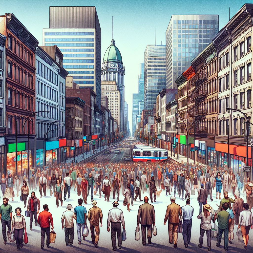 A busy urban scene in Montreal with people rushing by and a team of cleaners actively providing same day cleaning services