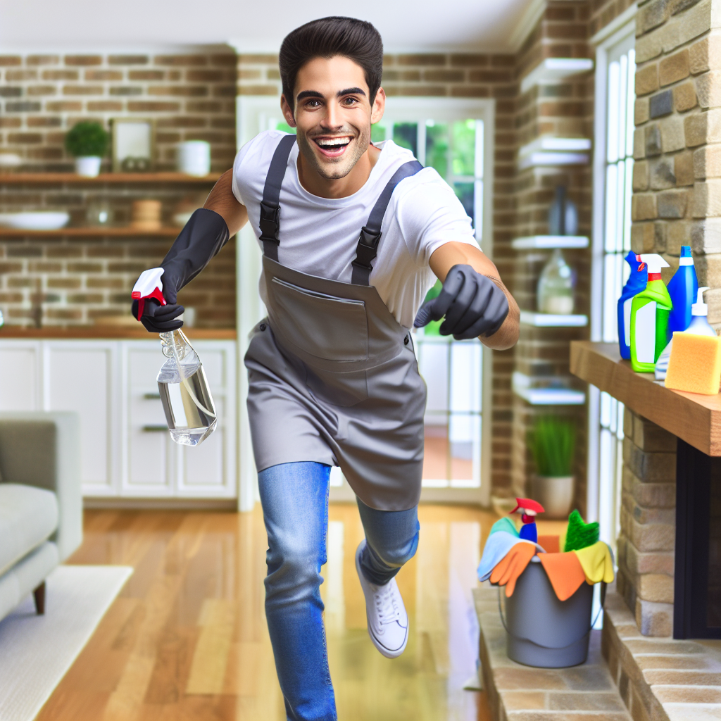 A cheerful professional cleaner in action, using eco-friendly products in a modern home setting