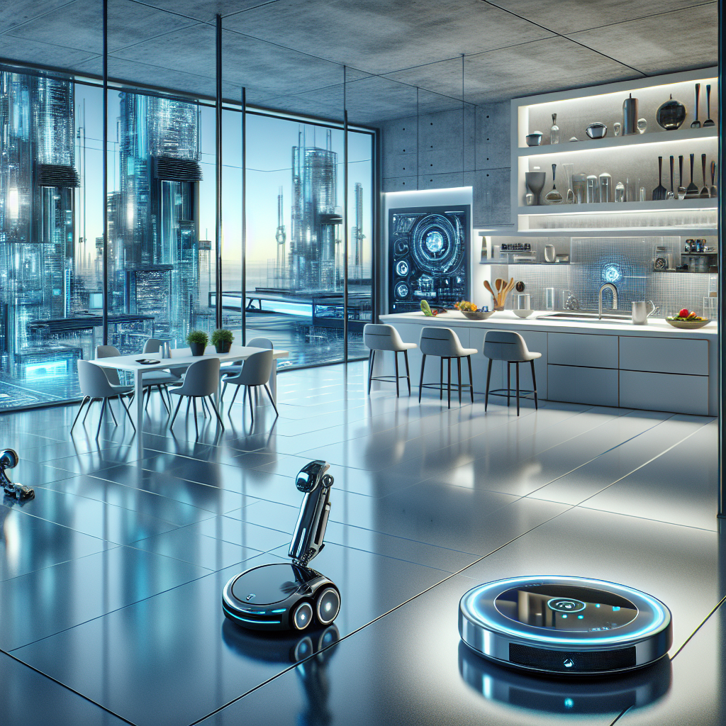 A futuristic home environment with smart technology being used for cleaning services