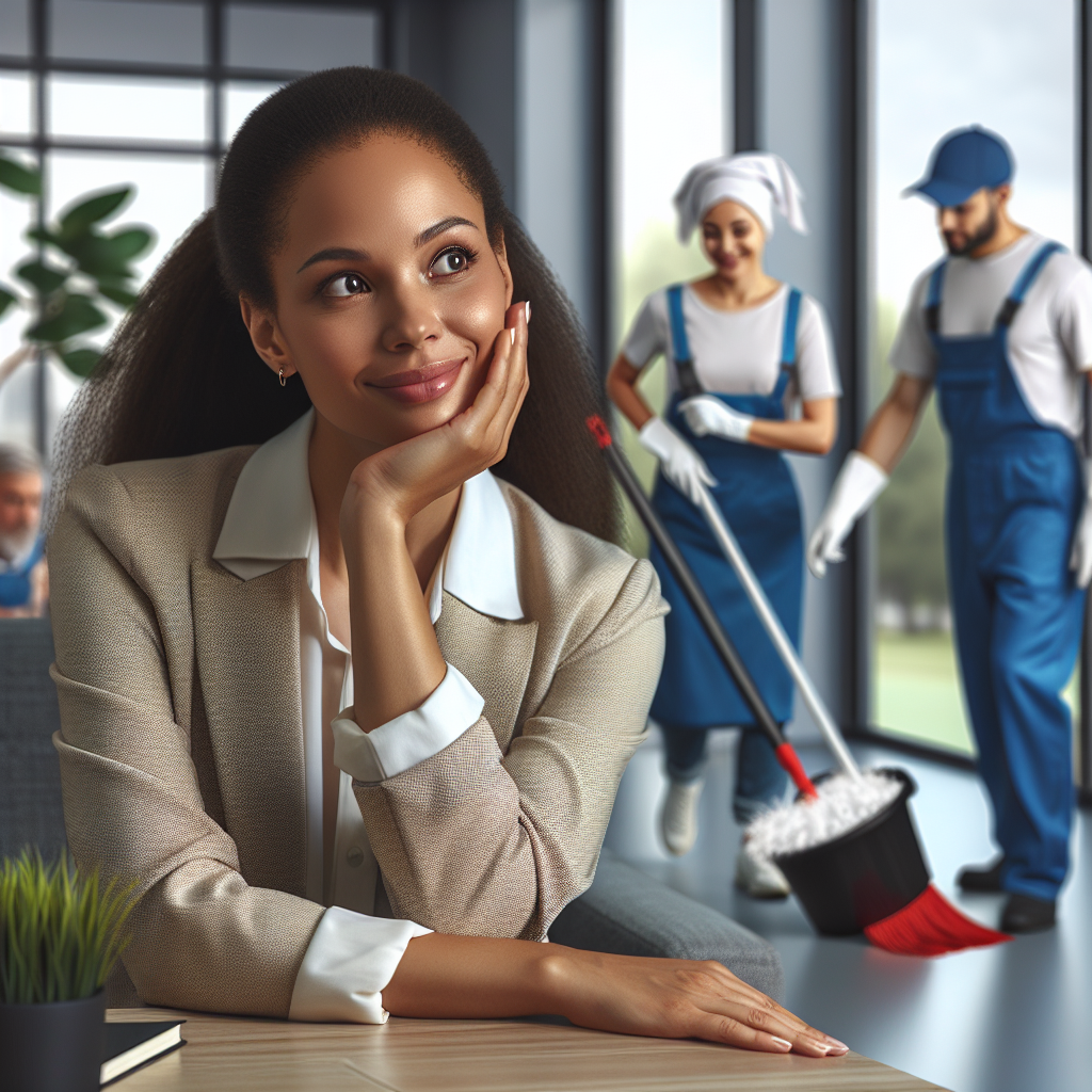 A busy professional looking relieved while a team of cleaners works efficiently in a modern office space