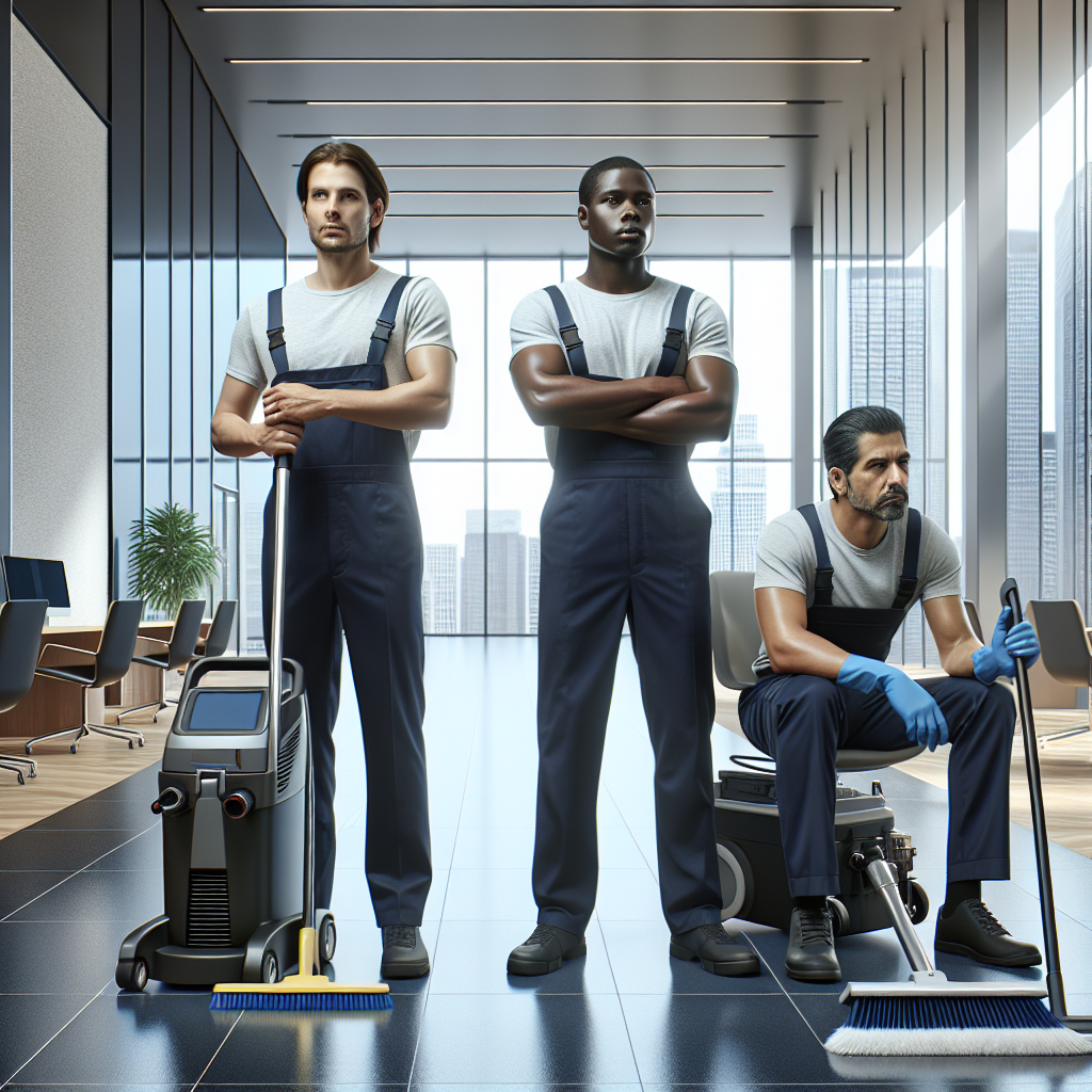 A team of professional cleaners using advanced equipment in a modern office space