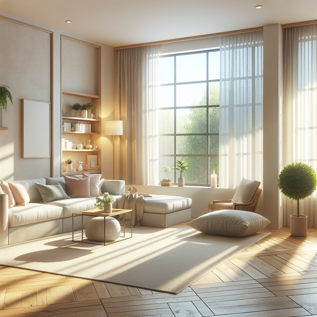 A serene living room with sunlight streaming in, showcasing a clean and organized space that promotes relaxation
