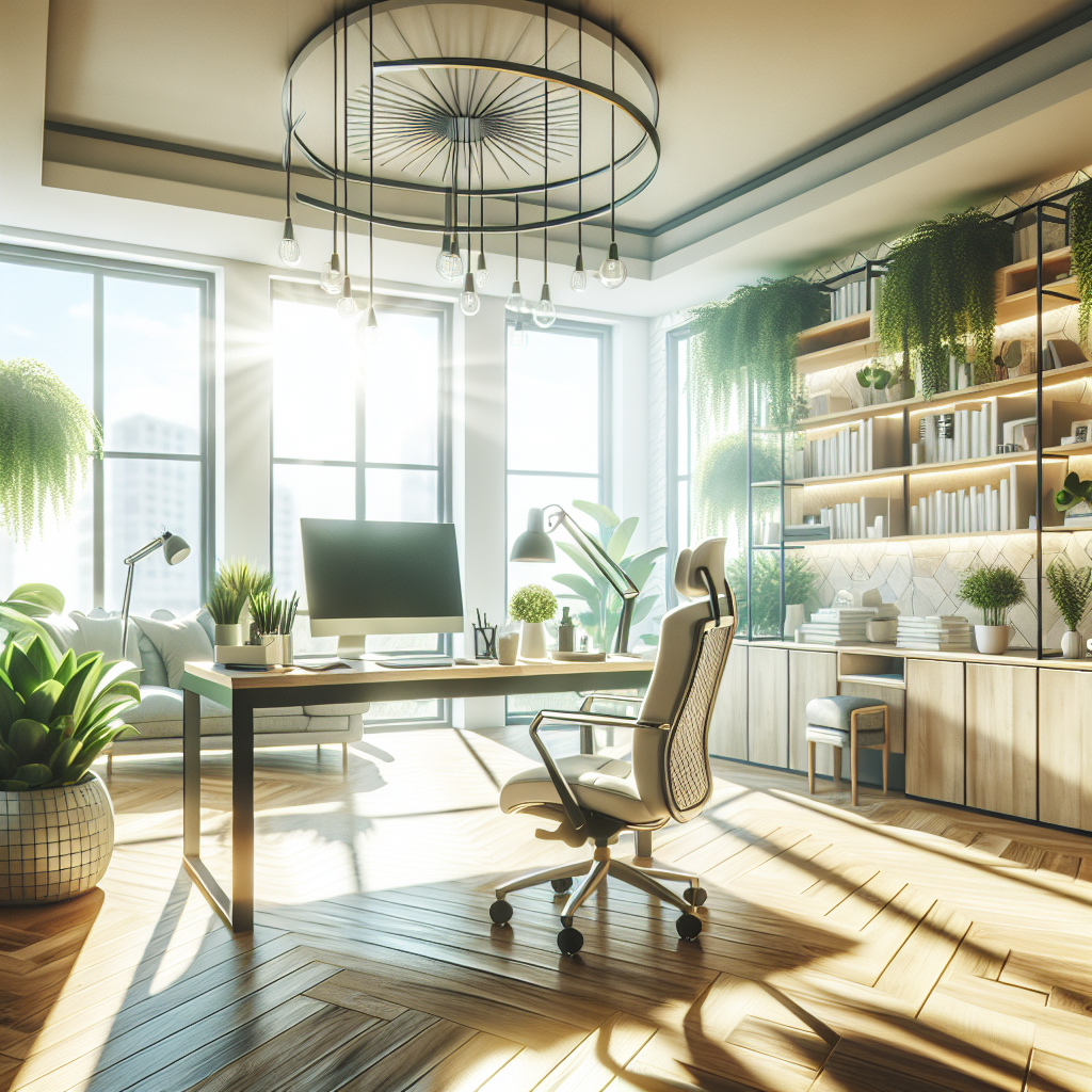 A bright and organized home office with plants and natural light showcasing an inviting atmosphere for productivity