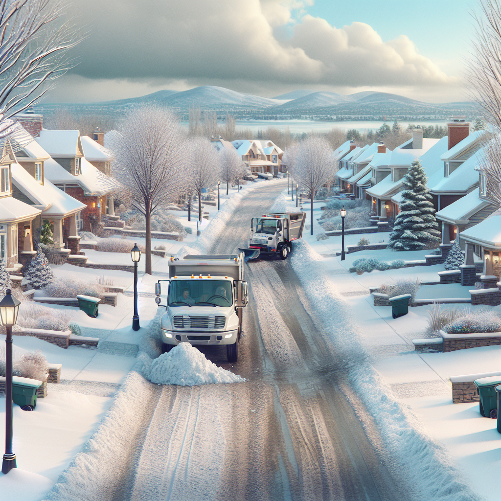 A snowy suburban street in Laval with a professional snow removal truck clearing driveways and sidewalks under a cloudy sky