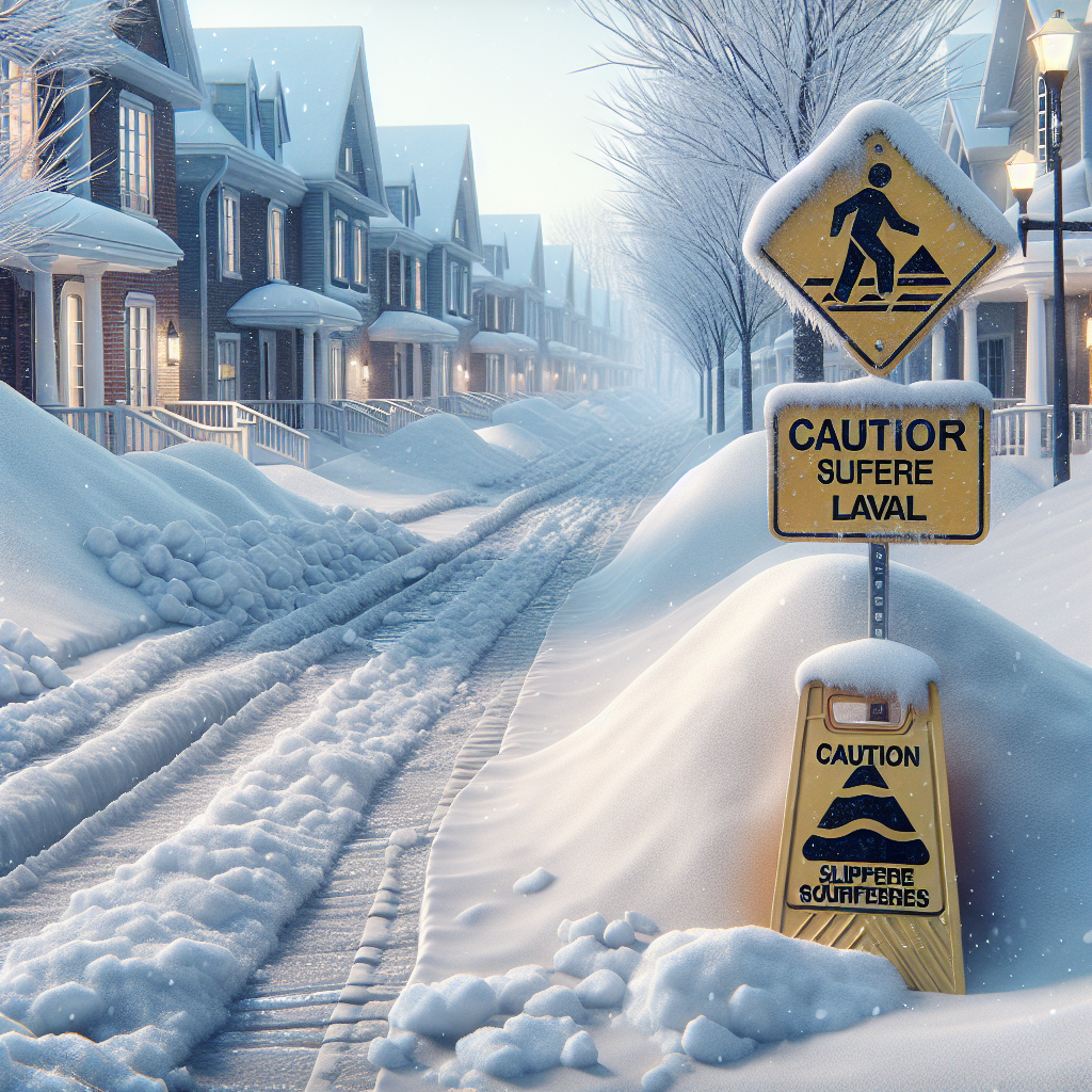 A snowy residential area in Laval showing piled-up snow on sidewalks with caution signs indicating slippery surfaces