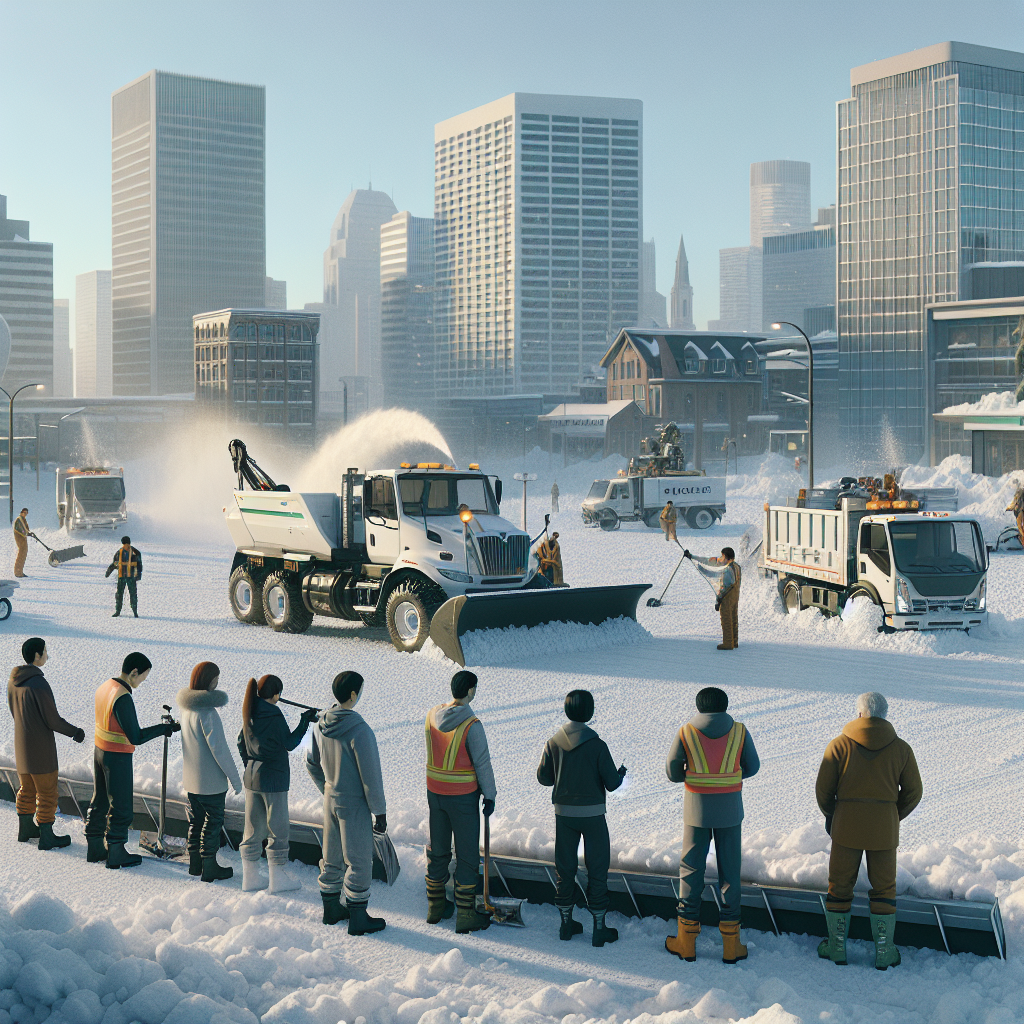 A professional team using specialized equipment to clear a snowy parking lot in Laval during daylight
