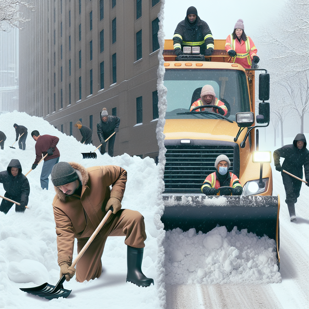 A split image showing a person struggling with a shovel on one side and a professional team efficiently clearing snow with plows on the other