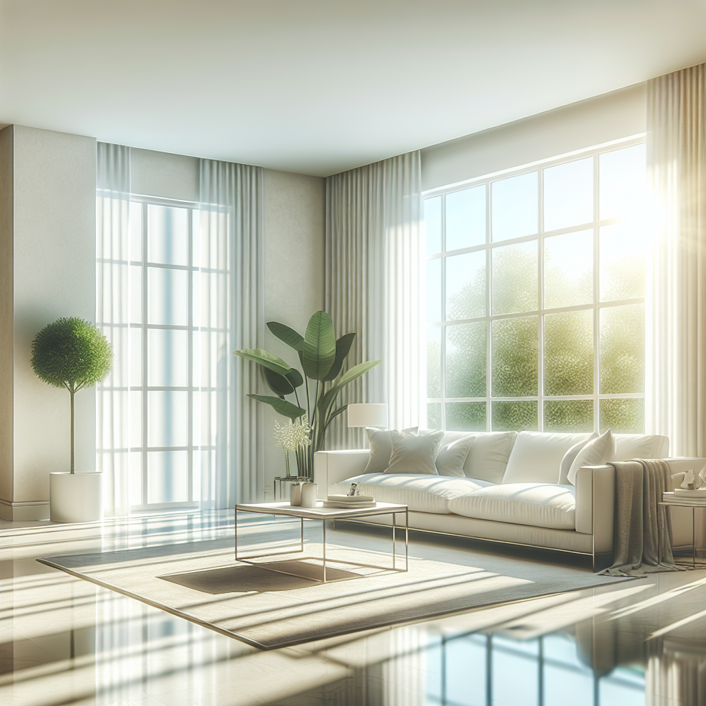 A bright and clean living room with modern furniture and sunlight streaming through the windows