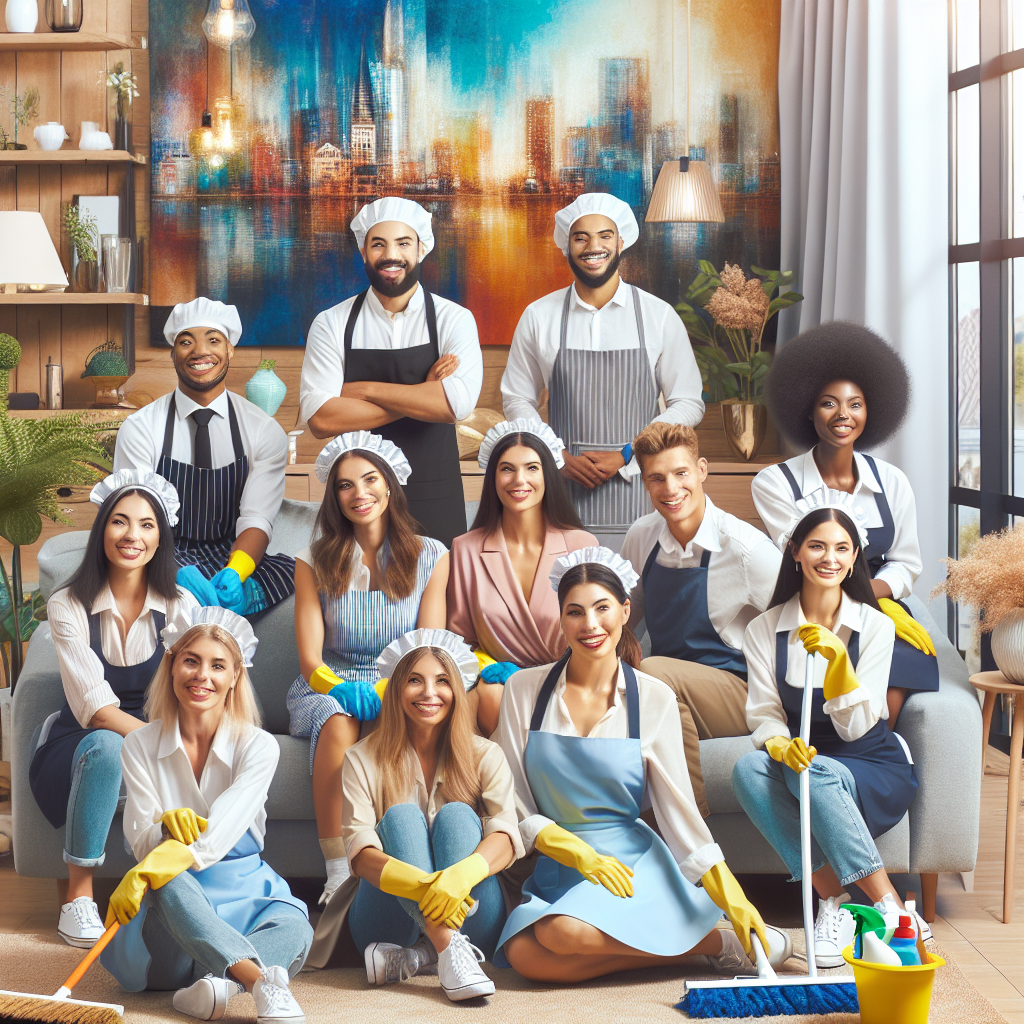 A cheerful maid service team happily cleaning a modern living room with vibrant decor