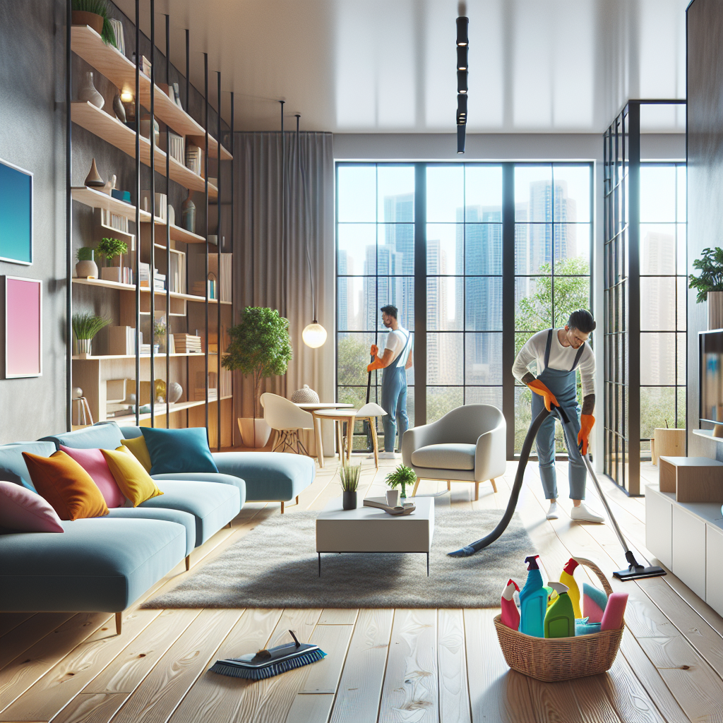 A modern living room being cleaned by professionals with eco-friendly products