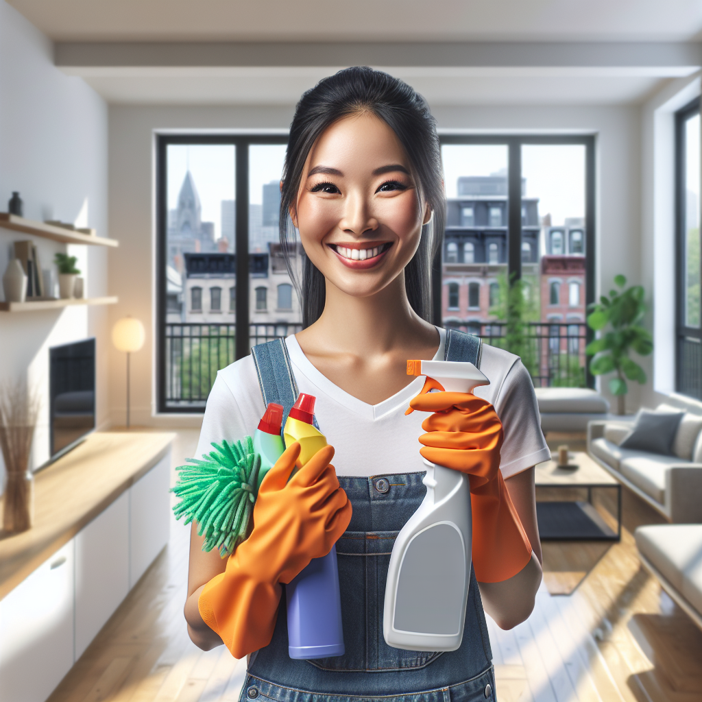 A cheerful cleaner with eco-friendly supplies in a bright Montreal apartment