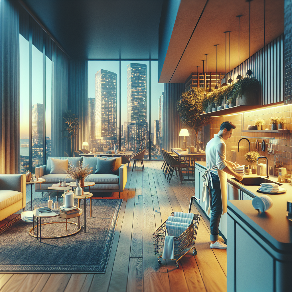 A busy urban setting in Montreal with a clean apartment being prepared for guests, showcasing vibrant city life and cleanliness