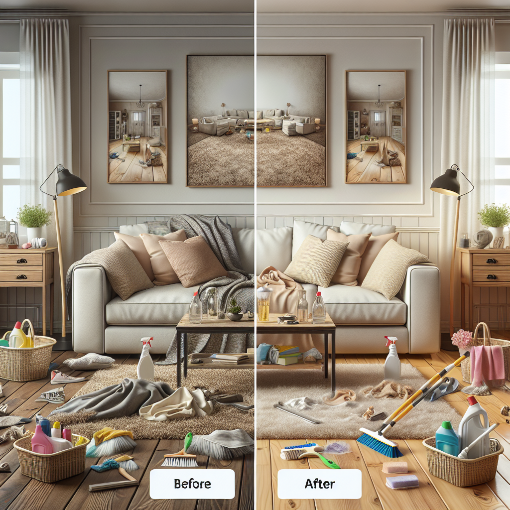 A cozy living room being cleaned by professionals, showcasing before and after transformation