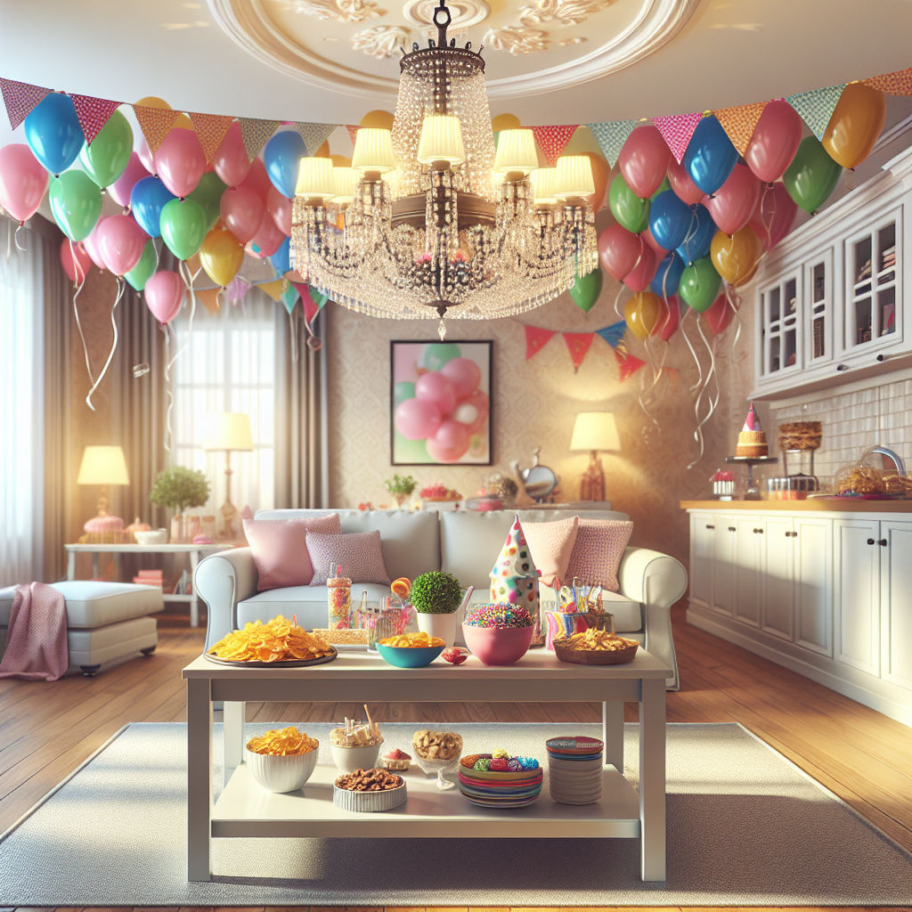 A clean and inviting living room set up for a party with decorations and snacks ready