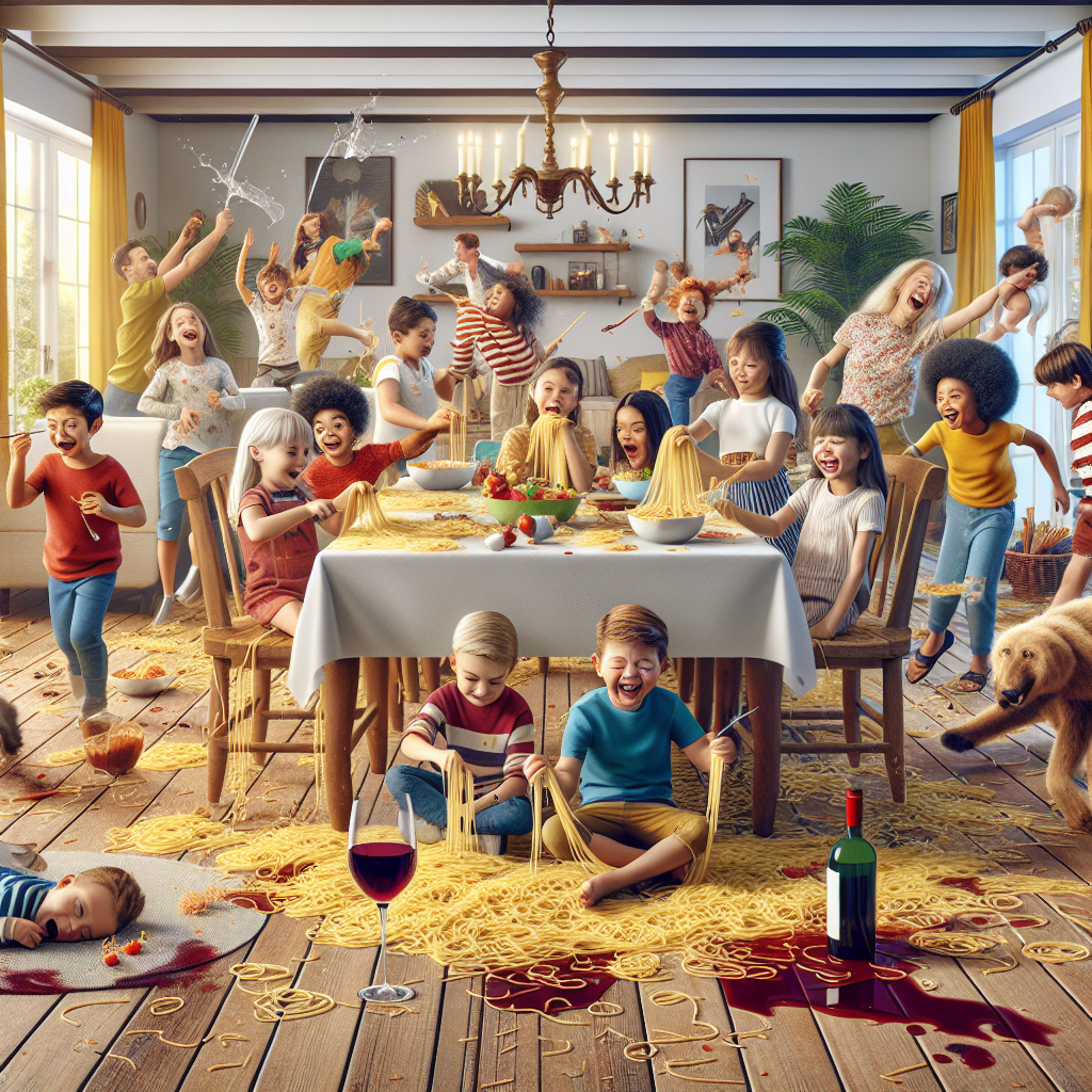 A frantic scene of spilled wine and kids playing with spaghetti in a living room