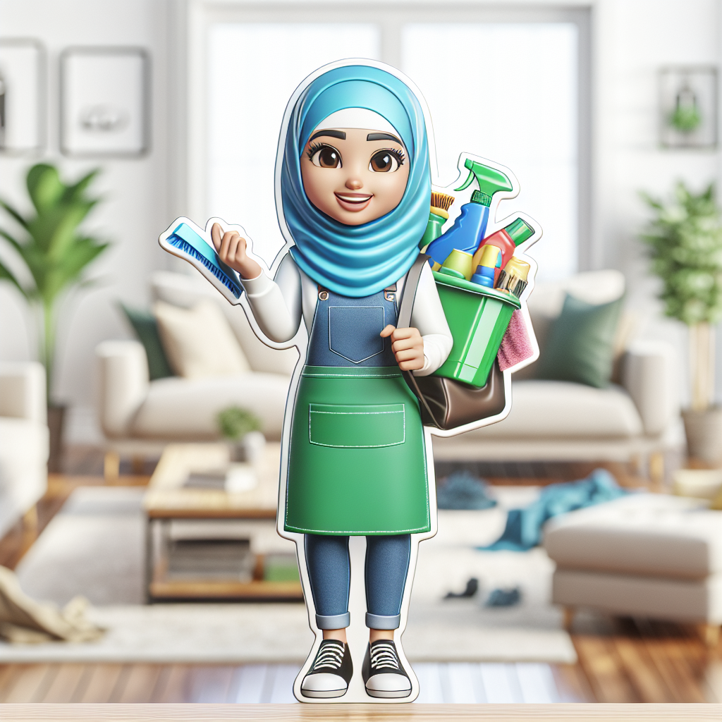 A cheerful home cleaner with eco-friendly supplies ready to tackle a messy living room