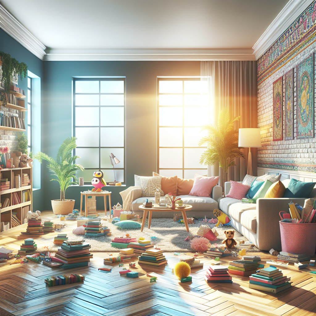 A colorful living room being tidied up before cleaners arrive, showcasing a cozy atmosphere with bright sunlight streaming through windows