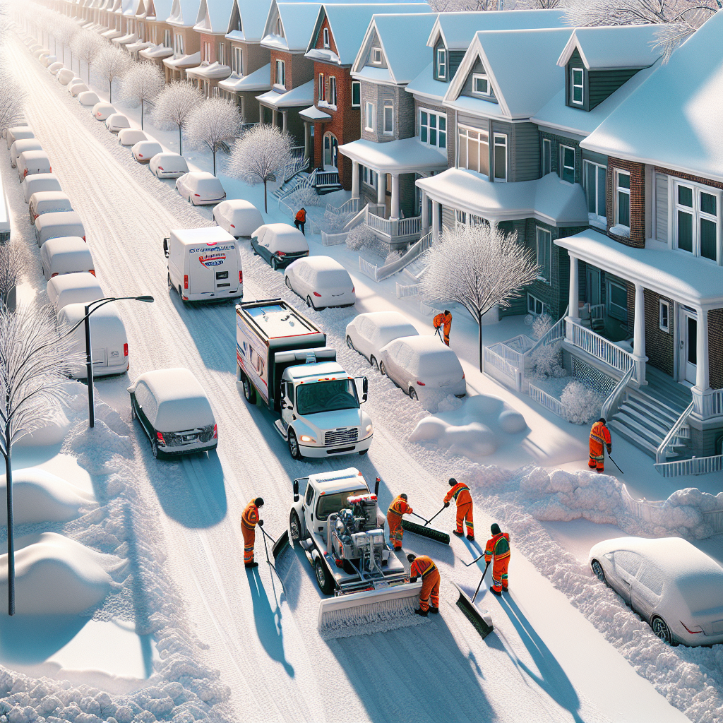 A snowy street in Laval with a professional snow removal service at work, showcasing clear driveways and sidewalks under bright winter sunlight.