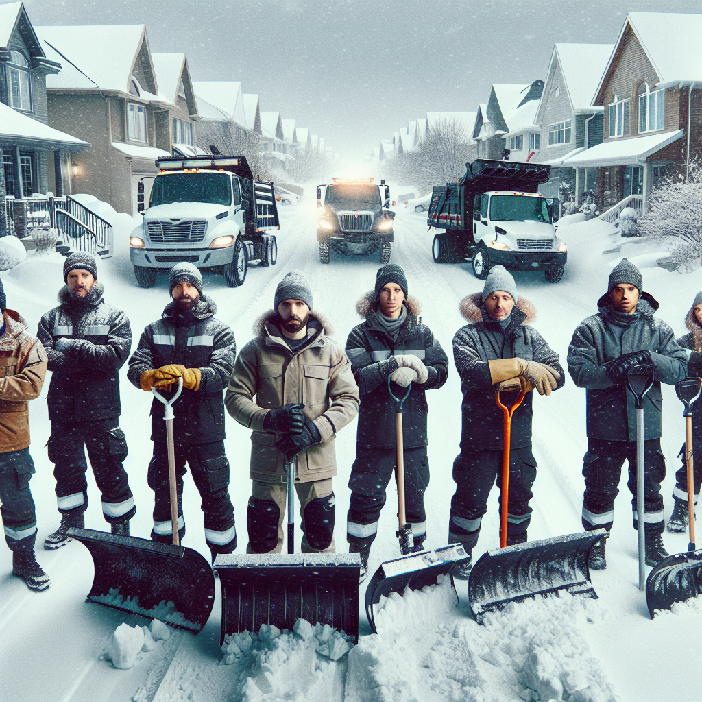 A professional snow removal team working efficiently on residential driveways in Laval during heavy snowfall, showcasing equipment and teamwork.