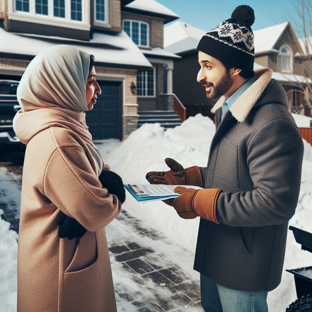 A friendly conversation between a homeowner and a snow removal provider discussing services over a snowy driveway in Laval.