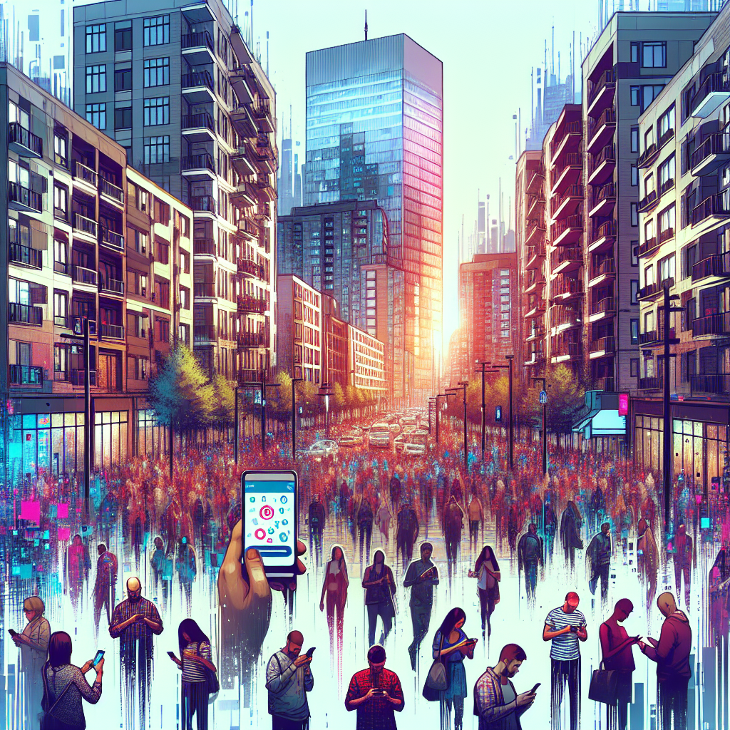 A busy urban scene in Montreal with people using smartphones to book cleaning services; modern apartments and vibrant city life