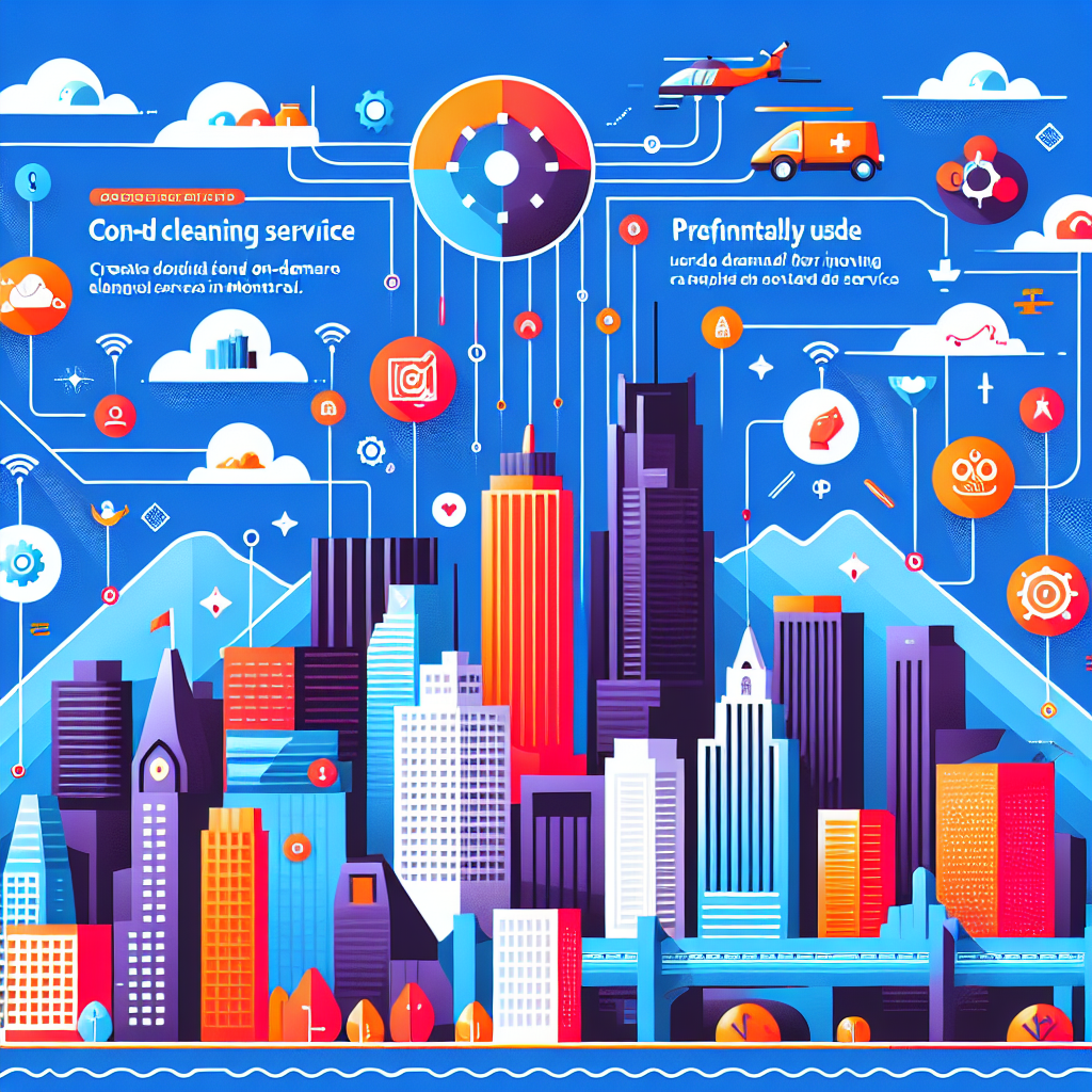 A vibrant infographic showing increasing demand statistics for on-demand cleaning services in Montreal; modern design with bold colors