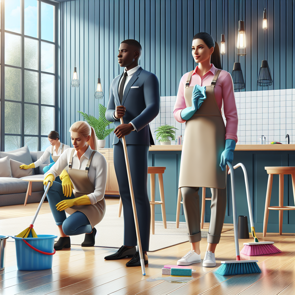 A vibrant scene showing professional cleaners at work in a modern home; bright colors, showcasing teamwork and efficiency