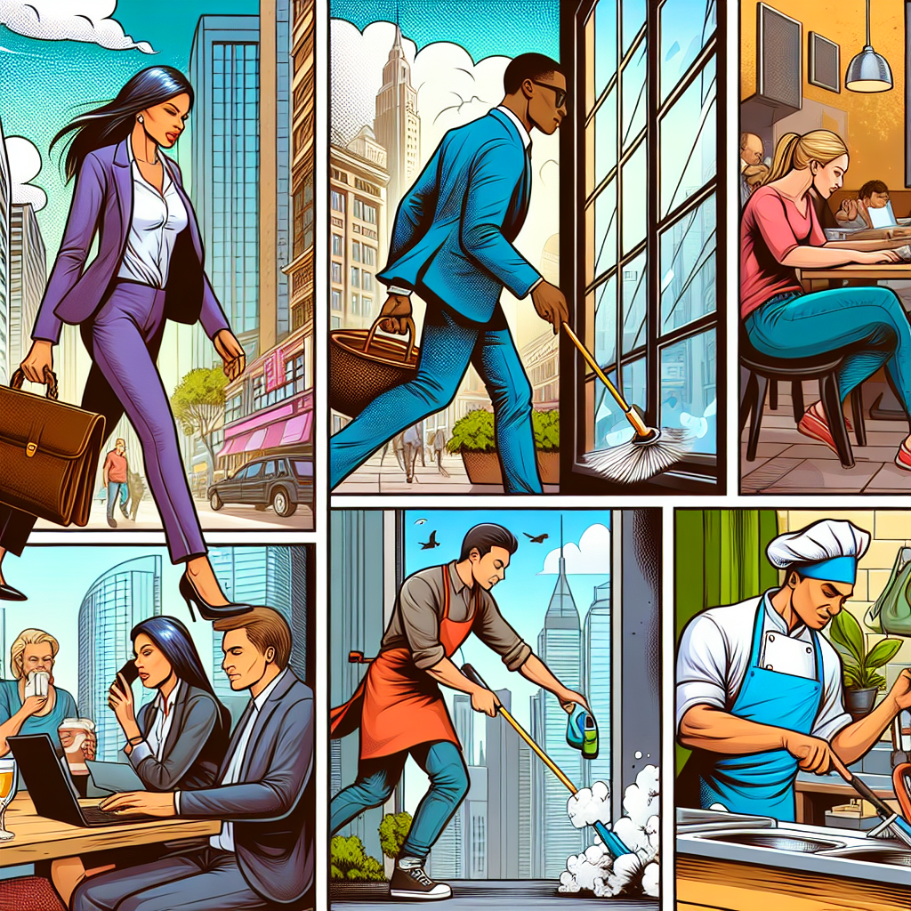 A vibrant illustration showing various scenarios where on-demand cleaners are helping busy individuals; dynamic urban setting with diverse people