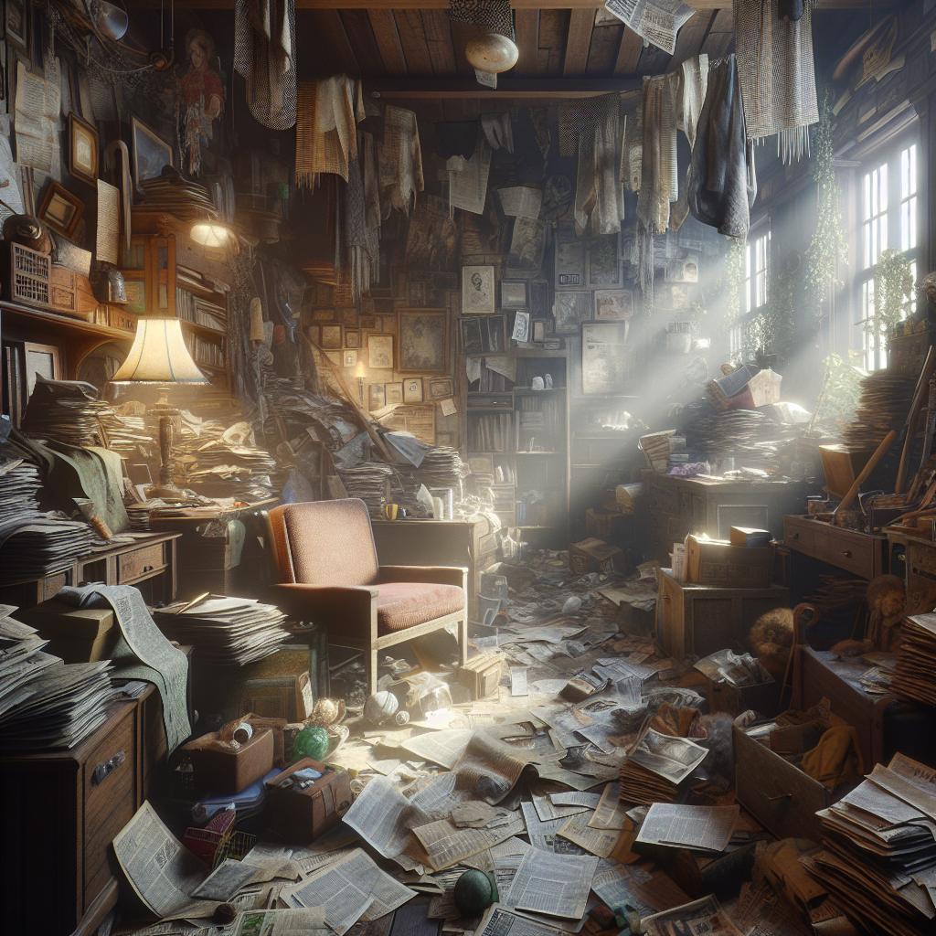 A cluttered room filled with various old newspapers, furniture, and miscellaneous items creating an overwhelming atmosphere.