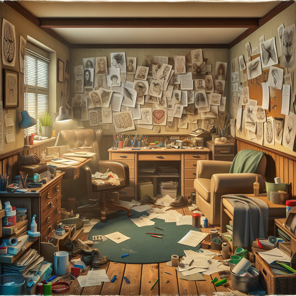 A psychologist's office with therapy notes and images representing various mental health disorders intertwined with cluttered household items.