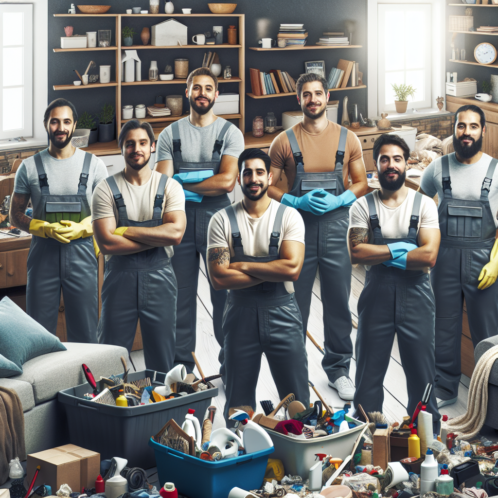 A professional team engaged in a compassionate hoarding cleanup process inside a cluttered home, showcasing teamwork and care.