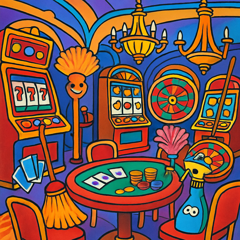 A vibrant illustration of a casino with various games like slots and poker, featuring elements of cleaning such as brooms and dusters playfully integrated into the design.