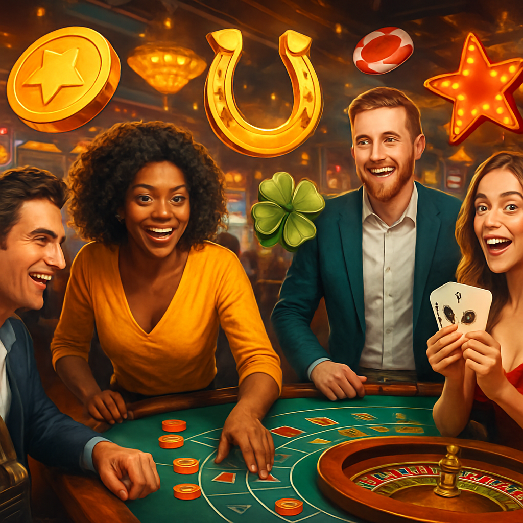 A vibrant illustration depicting a casino environment with players enjoying games, surrounded by symbols representing bonuses and perks