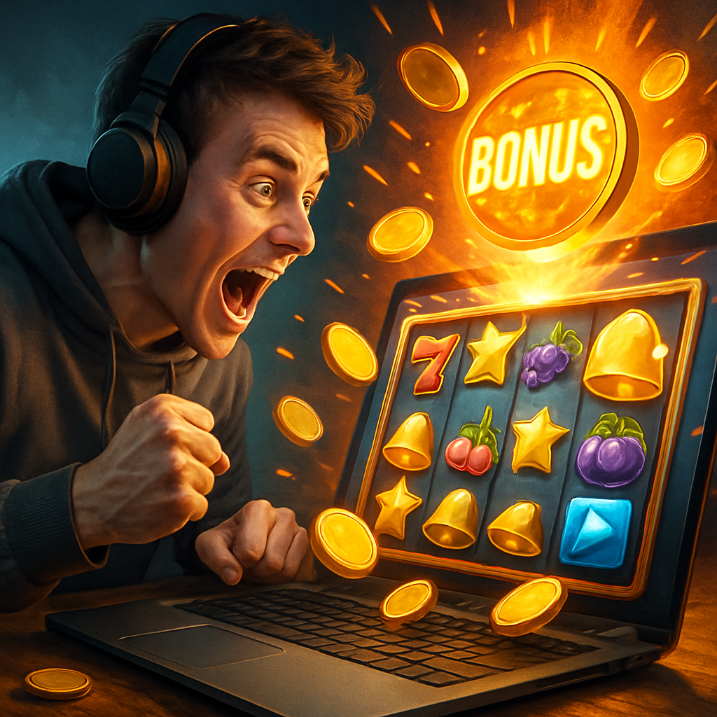 A vibrant illustration showing online gaming with bonus features being unlocked, depicting excitement and strategy