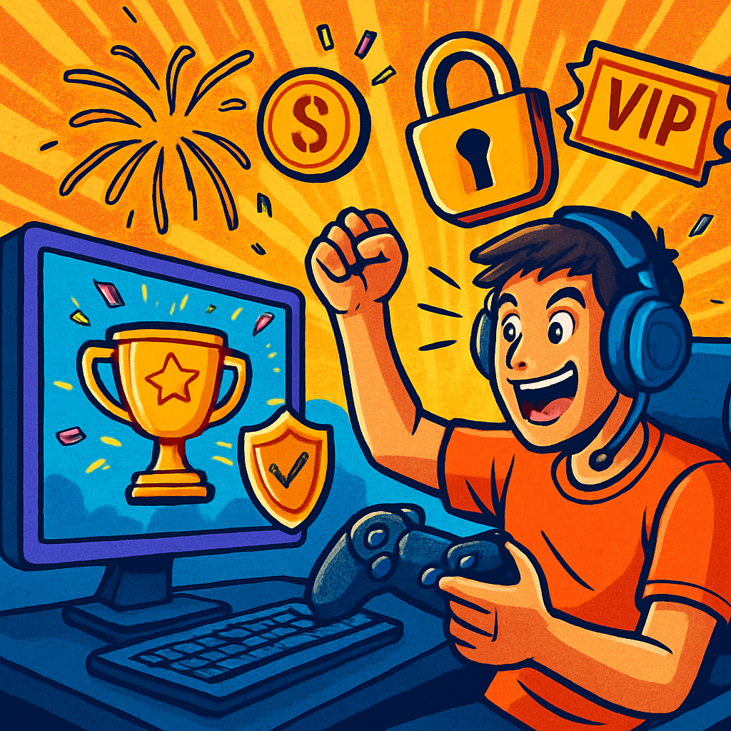 A vibrant illustration depicting an online gamer enjoying their experience with premium features unlocked through a risk-free approach, showcasing elements of excitement and engagement