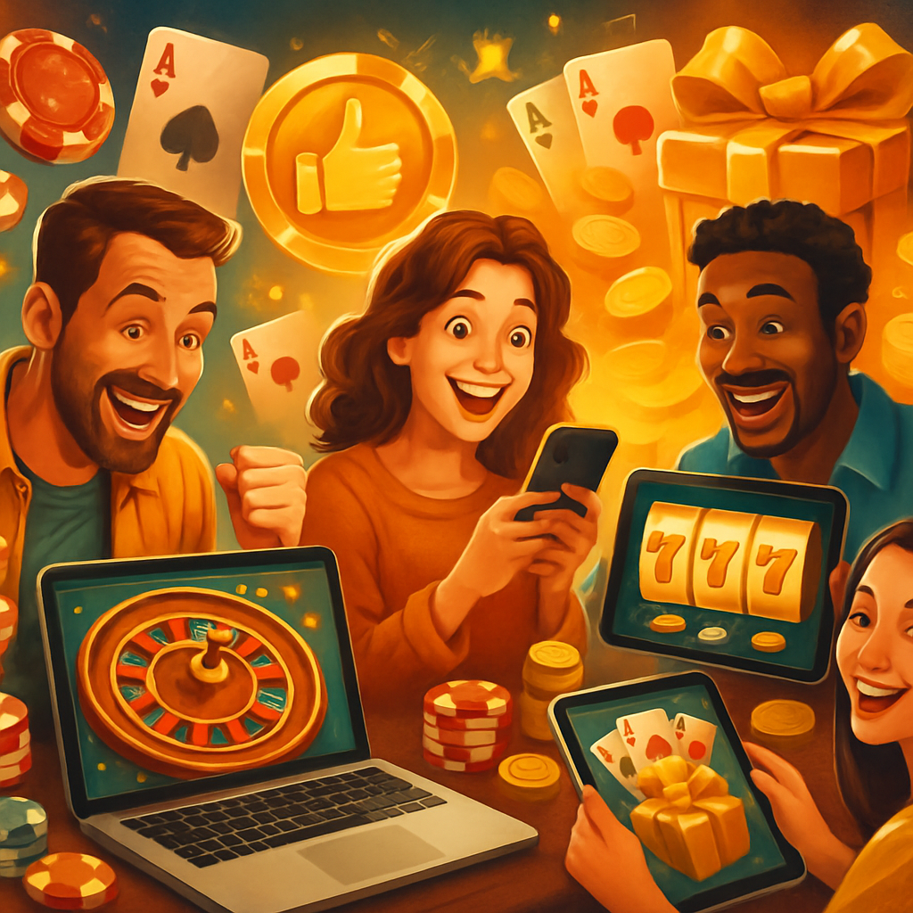 A vibrant illustration of a casino scene showcasing players enjoying games on various devices, with elements representing risk-free bonuses and premium features, in a fun and engaging style.