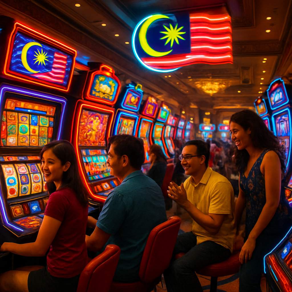 A vibrant illustration of an online casino in Malaysia showcasing slot machines with colorful lights and players enjoying their time