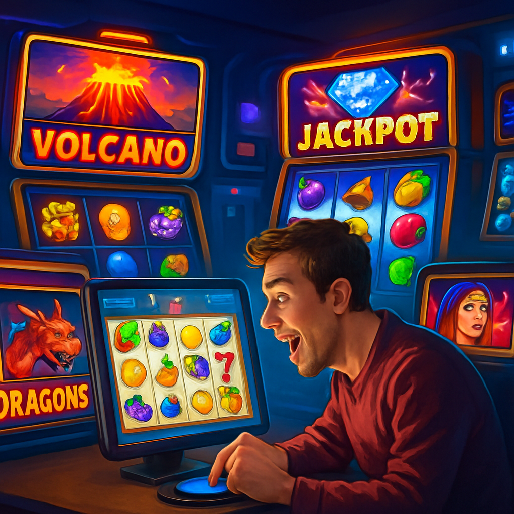 A vibrant illustration of an online casino interface showcasing various slot machines with colorful graphics and a player excitedly engaging with a slot game.