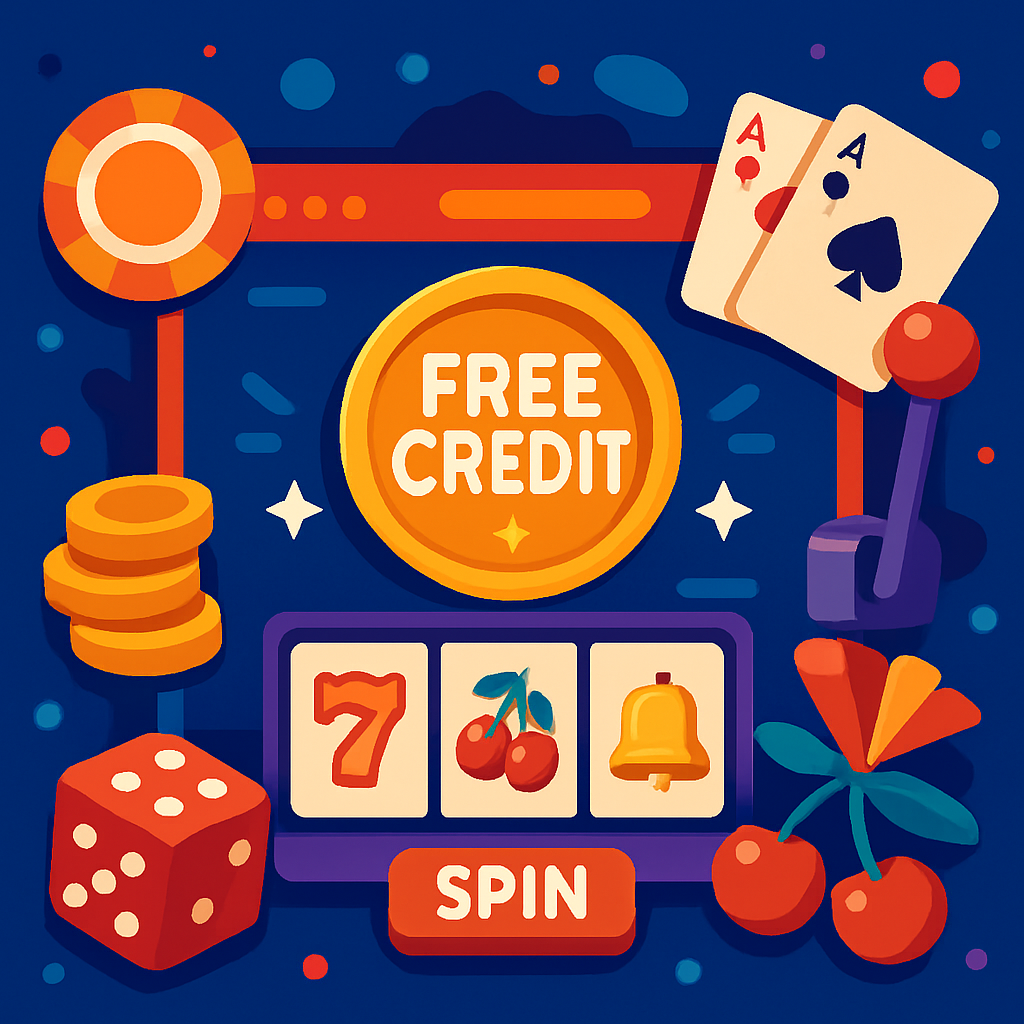 A vibrant digital illustration of an online casino interface showcasing free credit offers and slot games