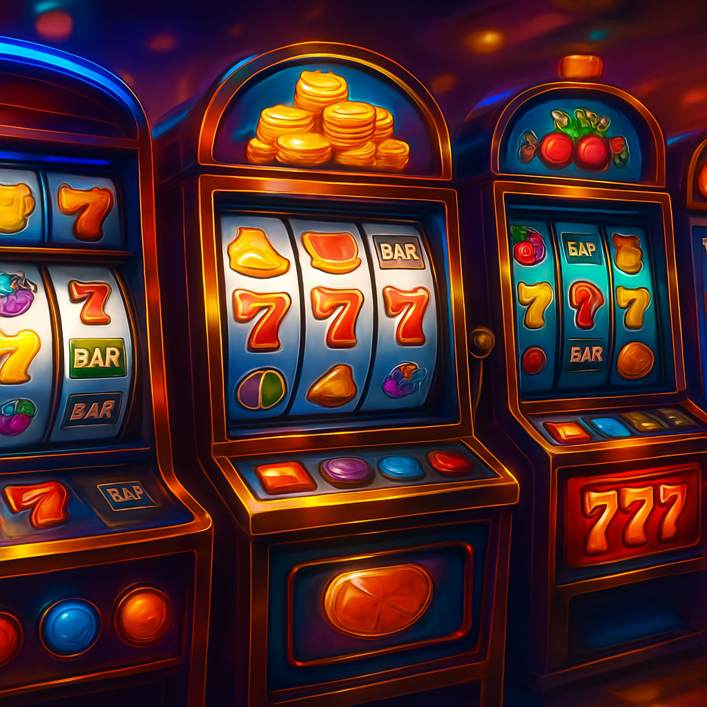 A vibrant illustration depicting various slot machines with colorful graphics and symbols, showcasing the excitement of online gambling with free credits.