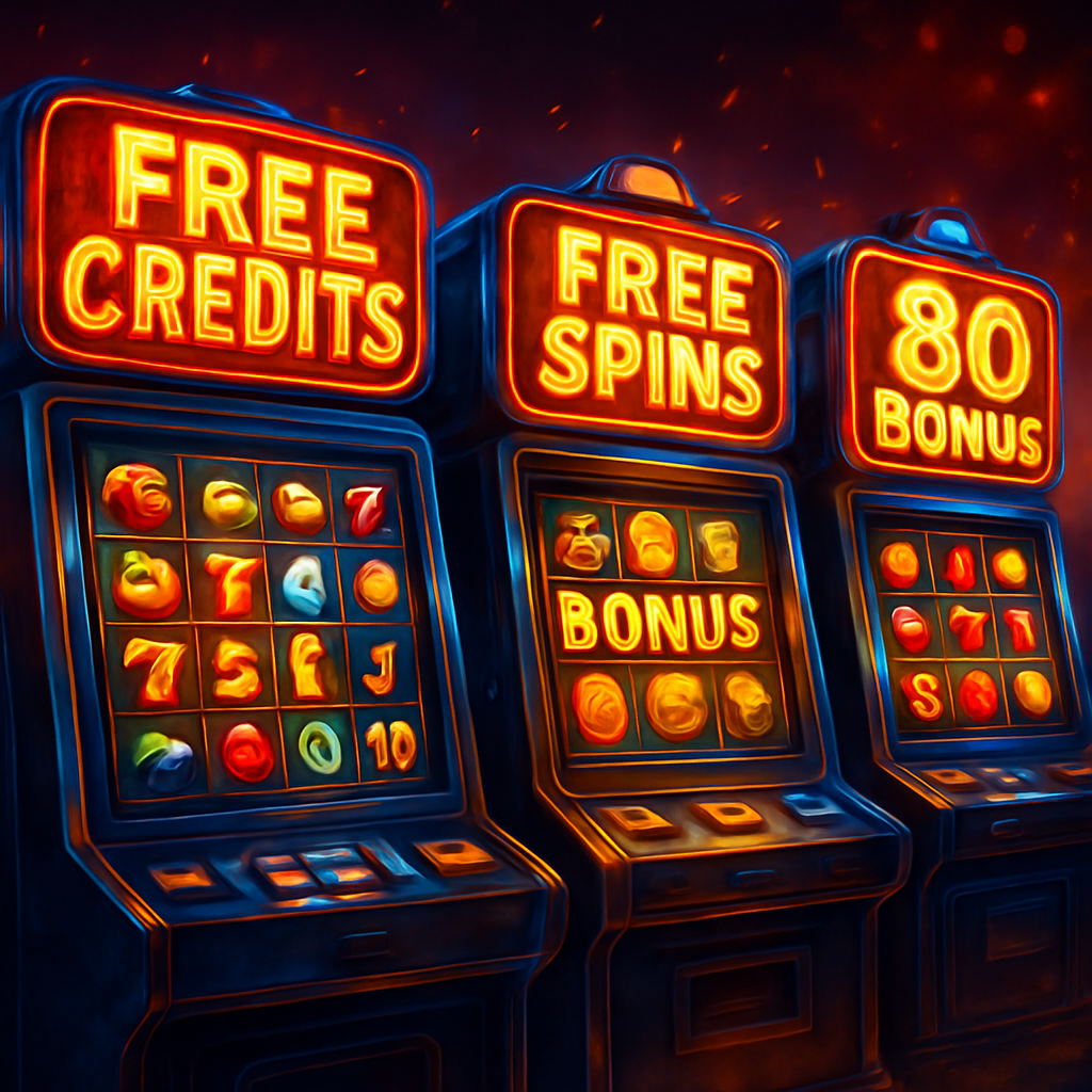 A vibrant illustration showcasing various online slot machines with promotional banners highlighting free credits and bonuses