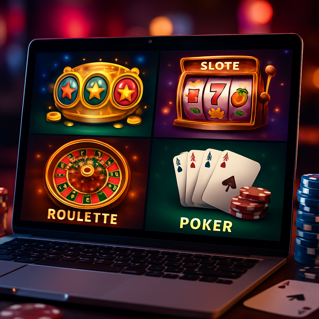 A vibrant online casino interface showcasing various games like slots and poker on a laptop screen