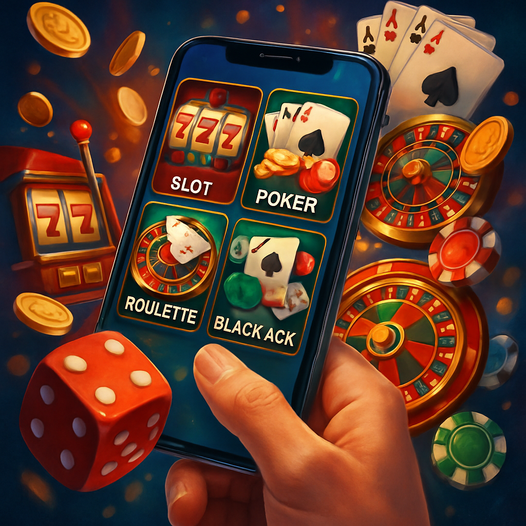 A vibrant illustration showcasing various online casino games available on an app interface