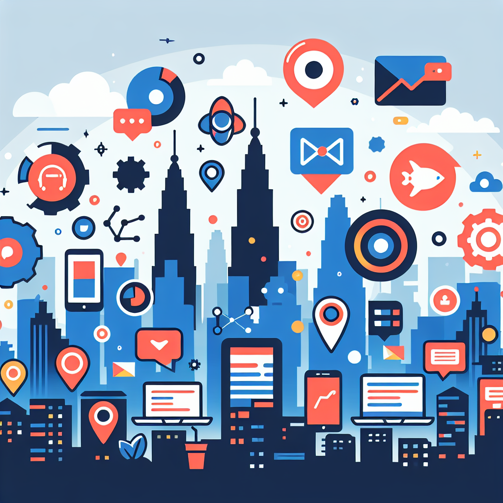 A vibrant graphic showing various digital marketing tools and strategies with a Malaysian skyline in the background