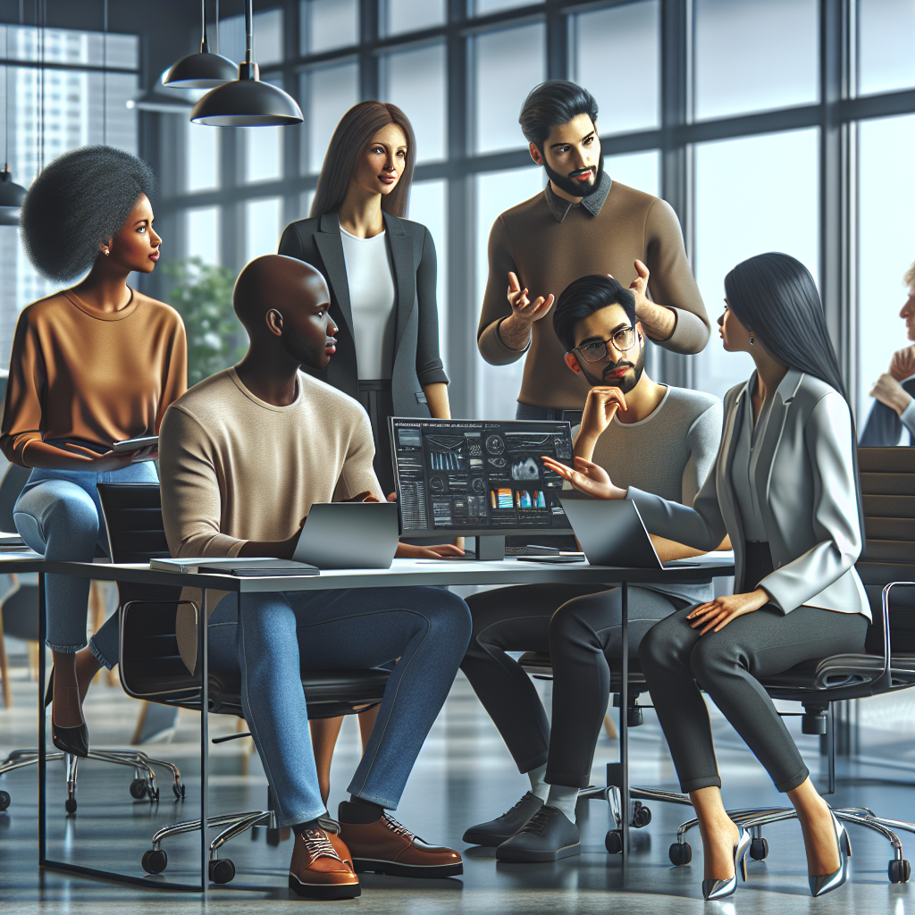 A diverse group of professionals discussing digital marketing strategies in a modern office setting